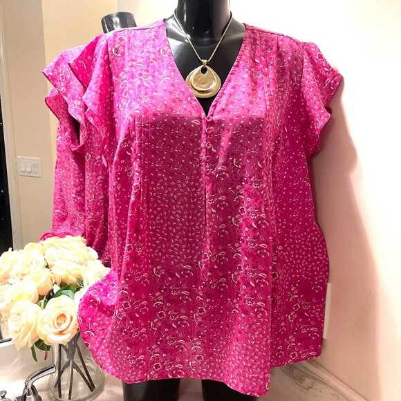 CYNTHIA ROWLEY Woman Top, PLUS SIZE 1X, pink, Flutter Sleeve Tunic - Picture 1 of 3